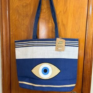 New Handmade Beach Jute Large Evil Eye gold blue cream zip closure lined tote